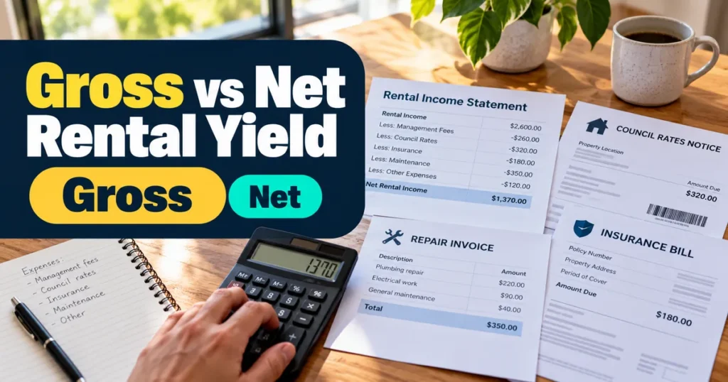 Investor using a calculator over a rental income statement, rates notice and repair invoice