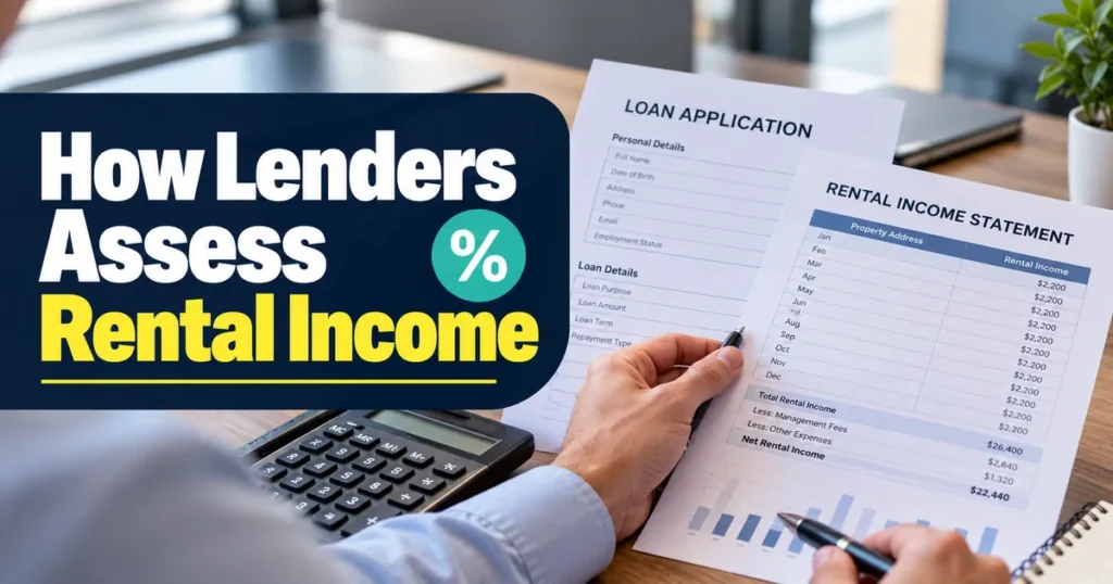 Loan application and rental income statement being reviewed with a calculator