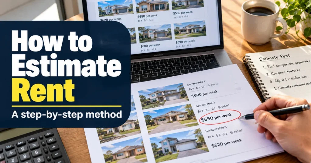 Desk with comparable rental listings, notes and a laptop used to estimate weekly rent