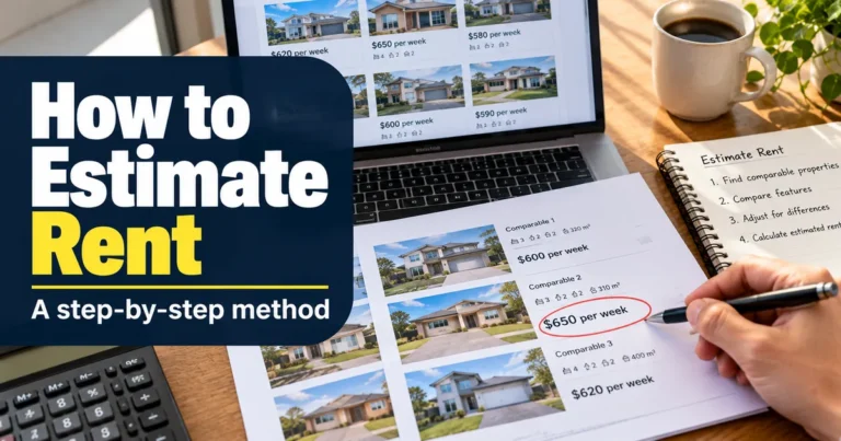 Desk with comparable rental listings, notes and a laptop used to estimate weekly rent