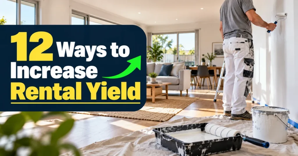 Painter freshening up a rental living room, with the title 12 Ways to Increase Rental Yield