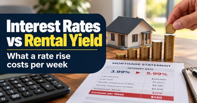 Mortgage statement showing a rate rise from 3.99% to 5.99% next to a model house and coins