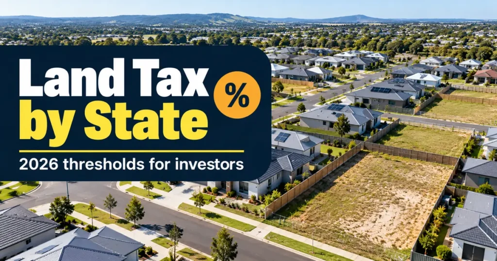 Aerial view of a new suburban housing development with the title Land Tax by State 2026