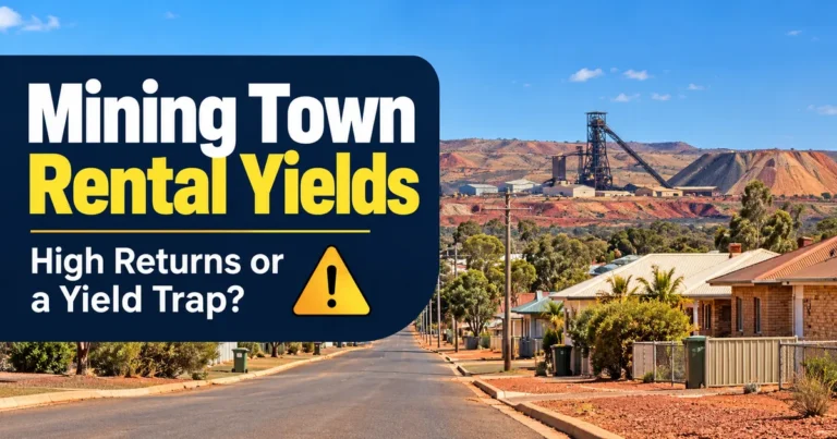 Houses in an outback Australian mining town with a mine headframe and red hills behind