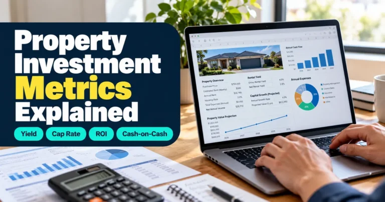 Investor at a laptop showing property yield, cap rate and ROI charts