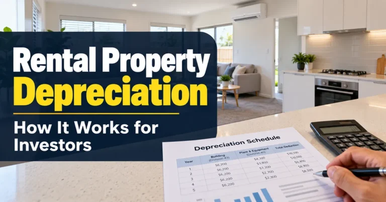 Depreciation schedule and calculator on a table inside a newly built rental home