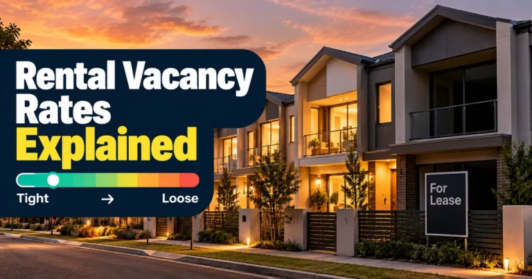 Modern townhouses at dusk with a For Lease sign and a tight-to-loose vacancy scale