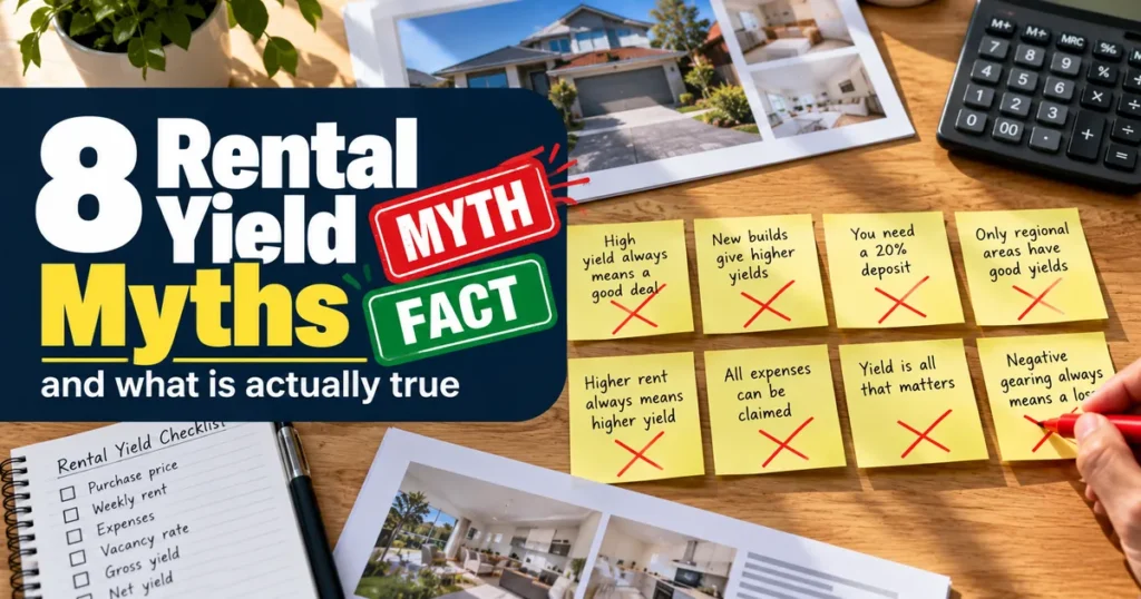Sticky notes of rental yield myths and facts on a desk with a property checklist and calculator