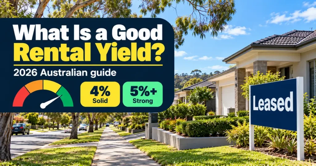Leased sign outside an Australian house with a yield gauge showing 4% solid and 5% plus strong